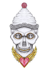 Art fancy skull mix heart wings angel. Hand drawing and painting on paper.