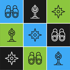 Set line Binoculars, Wind rose and Hotel sign for traffic icon. Vector