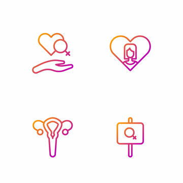 Set line Feminist activist, Female reproductive system, Heart with female gender and . Gradient color icons. Vector