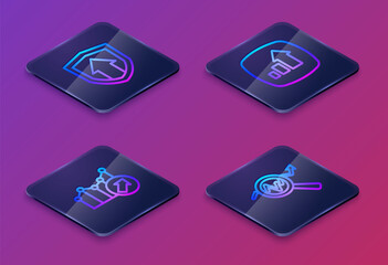 Set Isometric line Financial growth, and Search data analysis. Blue square button. Vector