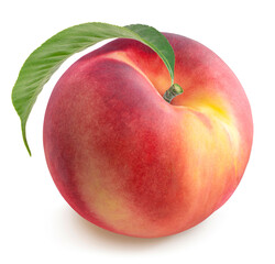 Peach fruit with leaf isolated on white background, Fresh Peach on White Background With clipping path.