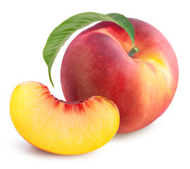 Peach fruit with leaf isolated on white background, Fresh Peach on White Background With clipping path.
