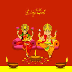 Lord Ganesha and Goddess Laxmi Ma, Diwali Festival Greeting Card Design