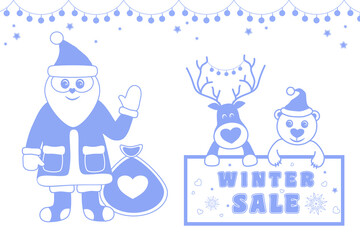 reindeer and teddy bear holding banner, winter discount banner, poster with winter font, santa claus hello