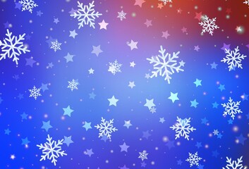 Fototapeta na wymiar Light Blue, Red vector background with beautiful snowflakes, stars.