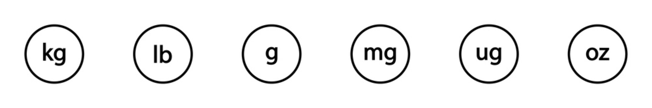 Conjunto de icono de peso kg, lb, g, mg, ug, oz. Kilogramo, libra, gramo, miligramo, microgramo, onzas. Ilustraci&oacute;n vectorial, estilo c&iacute;rculos