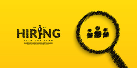 Minimal job vacancy banner for social media post, We are hring background with scribble magnifying glass