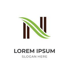 letter N logo design template concept vector with flat green and brown color style