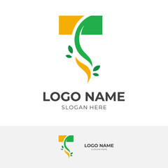 initial T leaf logo vector, letter T and leaf, combination logo with flat green and yellow color style