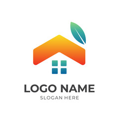 house leaf logo concept, house and leaf, combination logo with flat green and orange color style