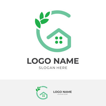house leaf logo template, house and leaf, combination logo with flat green color style