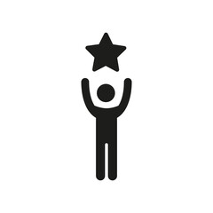 Icono de persona alzando una estrella. Concepto de ganador, felicidad, esperanza, celebración. Ilustración vectorial, estilo silueta