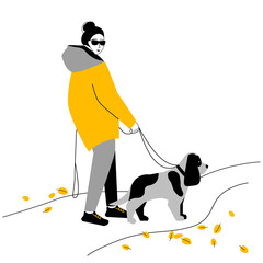 A girl walks with her favorite dog. Vector illustration in a flat style on an isolated background. A cozy drawing of a person walking with a pet in nature. Autumn poster, postcard, print.