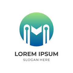 Fototapeta premium initial M tech logo vector, letter M and circuit board, combination logo with flat blue and green color style