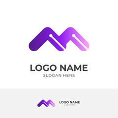 initial M tech logo template, letter M and circuit board, combination logo with flat purple color style