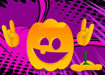 Decorative pumpkins for halloween with hands in rocker pose as a cartoon character with face. Vector Illustration.
