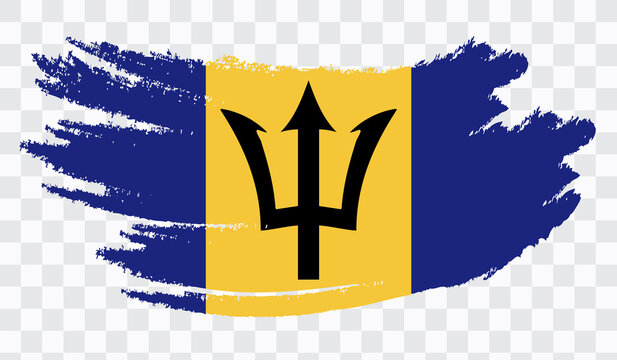 Grunge brush stroke with BARBADOS national flag. Watercolor painting flag,poster, banner of the national flag. Style watercolor drawing. Vector isolated on transparent background.	