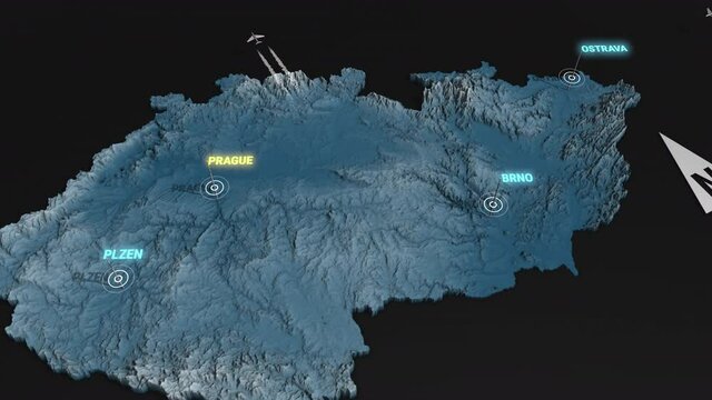 Seamless looping animation of the 3d terrain map at nighttime of Czech Republic with the capital and the biggest cites in 4K resolution