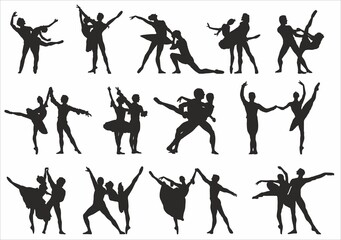 Ballet dancers vector silhouettes. Partner dance. Shadows of people, outlines of dancing men and women
