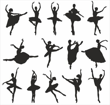 Vector silhouettes of ballerinas. Shadows of people, contours of dancing women.
