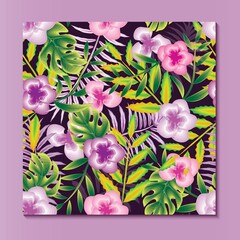 colorful tropical flowers seamless pattern with palm leaves and monstera plants on dark background fashionable. floral background. exotic summer. jungle print. beautiful flowers