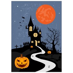 Halloween party design vector. illustration of halloween poster with full moon, tree, bat, pumpkin and label Happy Halloween.