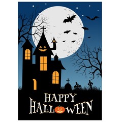 Halloween party inspiration design vector. illustration of halloween poster with full moon, tree, bat, pumpkin and label Happy Halloween.