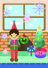 Cartoon elf character holding a present in a room 