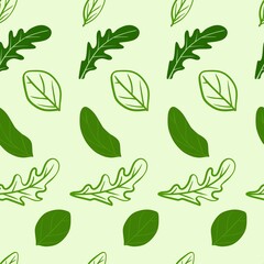 Arugula and basil leaves pattern on a light green background. For use on textiles, packaging paper, souvenirs, printing, posters, postcards.