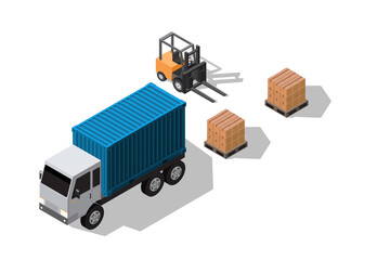 Isometric vector illustration warehouse where goods are stored on pallets with cargo container truck and forklift isolated on white backgrounds concept of efficient warehouse management