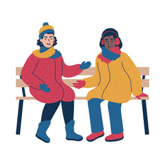 Friendly conversation between two people during the winter time. Isolated vector illustration.