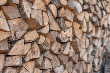 Wood stack. Wooden background in perspective.