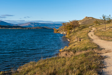 View of Small Sea Strait on Lake Baikal on autumn day, Joy Bay