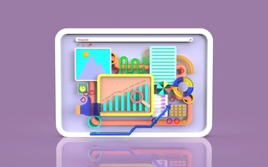 Mobile application software and web development with 3d shapes bar chart infographic rendering