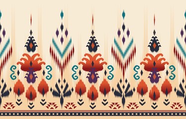 Ethnic abstract ikat art. Seamless pattern in tribal, folk embroidery, and Mexican style. Aztec geometric art ornament print.Design for carpet, wallpaper, clothing, wrapping, fabric, cover, textile - obrazy, fototapety, plakaty