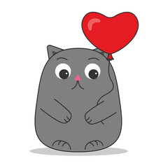 Cat cute gray with a heart balloon on a rope in his paws with a happy muzzle in a cartoon style. A parody of the movie It. Children baby funny card. Happy birthday, party concept, celebration. Vector
