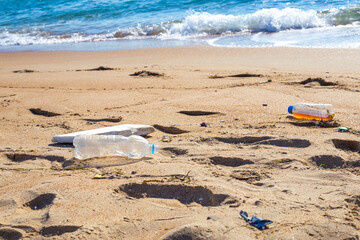 Fototapeta na wymiar Garbage on the sandy seashore. The harm of plastic to the animal world