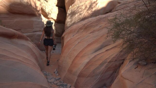 Young Woman With Photo Camera Walking Into Slot Canyon Between Red Rock Cliffs. Valley of Fire State Park, Nevada USA, Back View, Full Frame