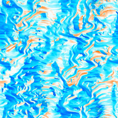 Fototapeta na wymiar Wavy summer dip dye background. Ombre color blend for beach swimwear, trendy fashion print. Boho dripping wave digital watercolor effect. High resolution artistic seamless pattern material.