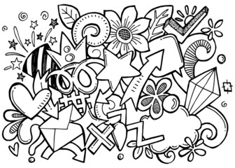 Abstract arrows, ribbons, crowns, hearts, explosions and other elements in hand drawn style for concept design. Doodle illustration. Vector template for decoration