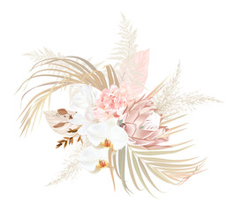 Fototapeta na wymiar Trendy dried palm leaves, blush pink rose, pale protea, white orchid, magnolia