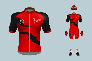 3D realistic of front of red cycling jersey t shirt with pants and helmet on shop backdrop. Concept for fashion of cyclist uniform or apparel mockup template in vector illustration