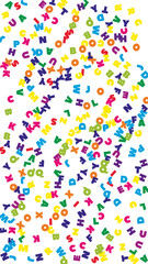 Falling letters of English language. Colorful flying words of Latin alphabet. Foreign languages study concept. Favorable back to school banner on white background.