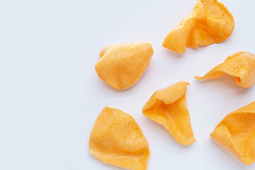 Prawn crackers on white background. Shrimp crispy rice snack
