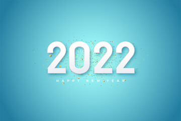 Happy new year 2022 with bright white numbers on a bright blue background.