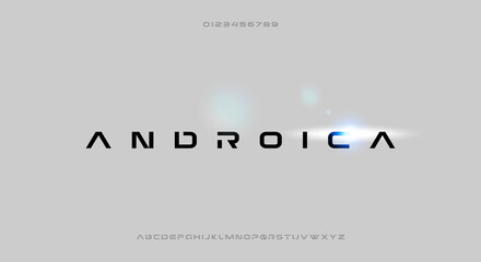 Androica, a bold and minimalist font with a futuristic scifi theme typeface design