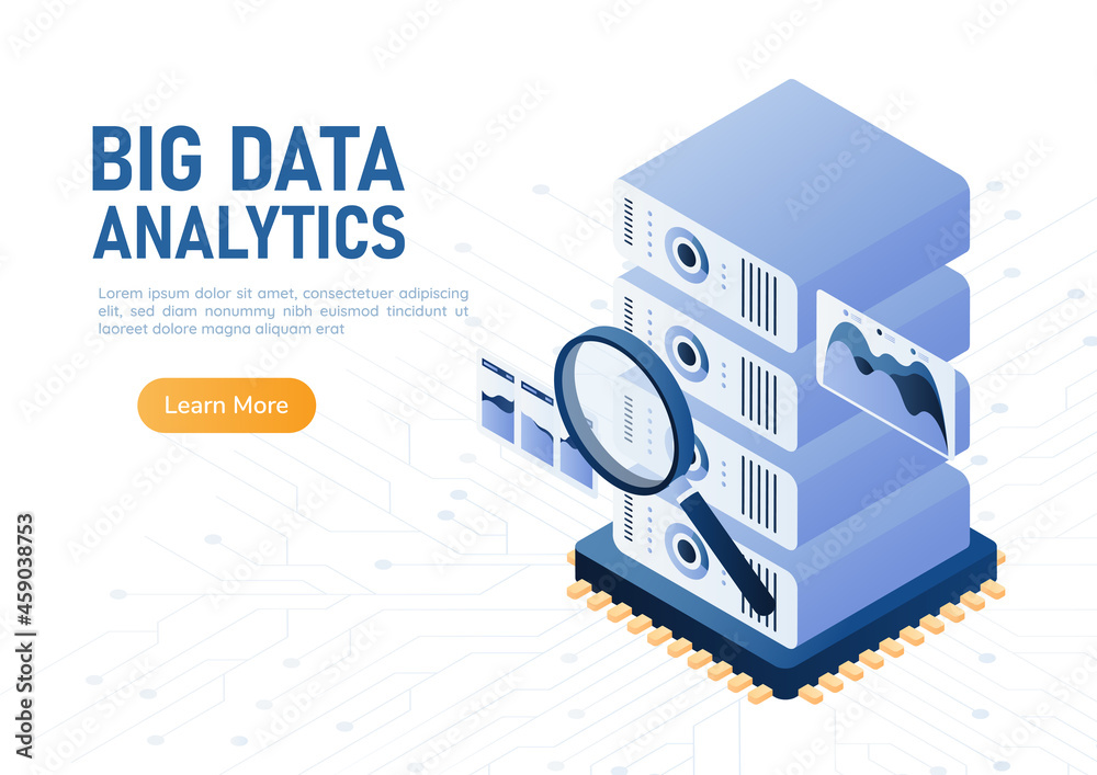 Poster isometric web banner magnifying glass scanning database server on computer chip