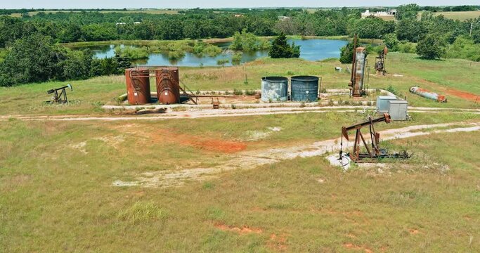 Aerial view an oil well pump jack pumping crude oil one of Oklahoma a sunny day