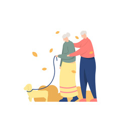 illustration of an elderly or retired couple walking together in the park with their dog. walking with pets. people and recreational activities. fall or autumn. flat cartoon style. vector design