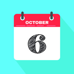 October 6 - Round Daily Calendar Icon in flat design style